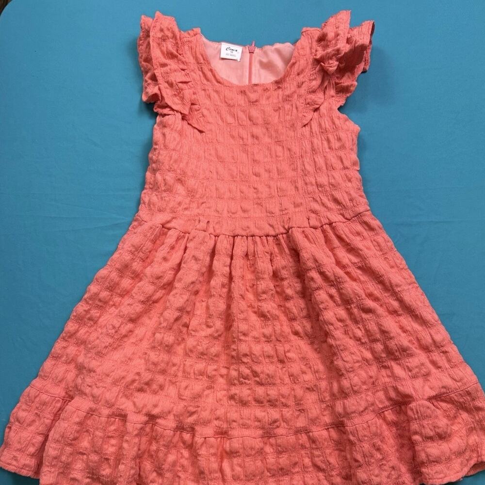 Cenia Girls Coral Dress Size 10 Textured Ruffle Sleeve Preloved EUC